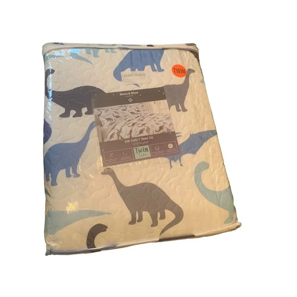 Home & Main Kids Quilt and Sham Set White Blue Dinosaur Pattern Twin Size